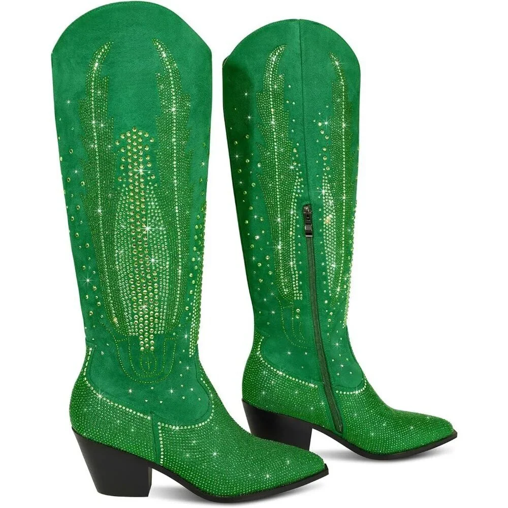 Women Polyurethane Green Knee High Pointed Toe Chunky Heel Rhinestone Boot